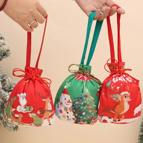 Christmas Drawstring Gift Bags Cartoon Santa Claus Reindeer Snowman Print Apple Packaging Bags For Holiday Party Favors Bags