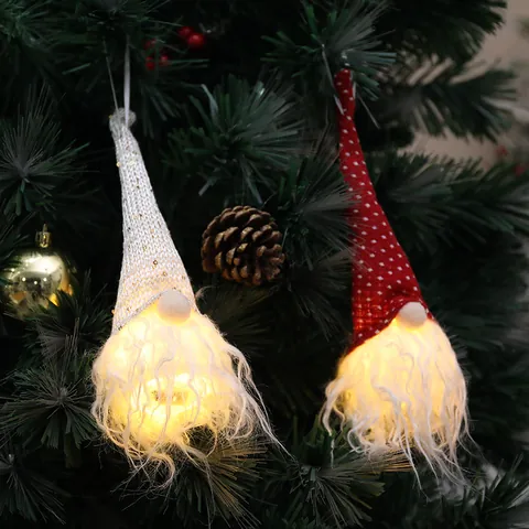 Christmas Gnome Faceless Old Man Pendant LED Light Up Hanging Ornament Knitted Sequin Plush Gnome For Christmas Tree Home Decor Holiday Gift