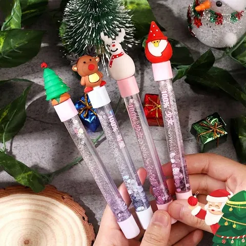Christmas Quicksand Gel Pen Creative Oil Filled Glitter Sparkle Pen With Cartoon Santa Snowman Topper Student Stationery