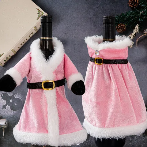 Funda para Botella de Vino de Navidad de Terciopelo Con Borde de Piel Artificial Rosa Burdeos Vestido y Abrigo Decoración