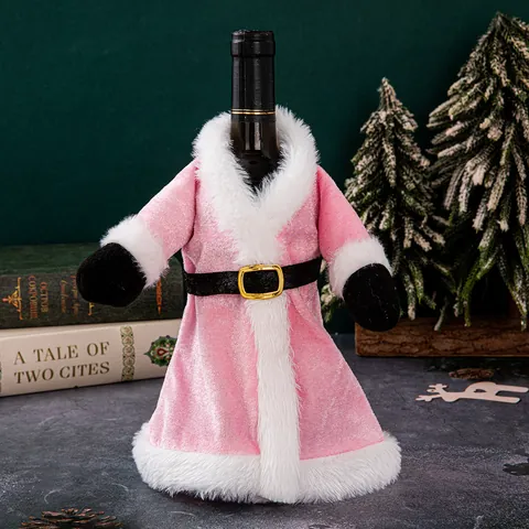 Funda para Botella de Vino de Navidad de Terciopelo Con Borde de Piel Artificial Rosa Burdeos Vestido y Abrigo Decoración