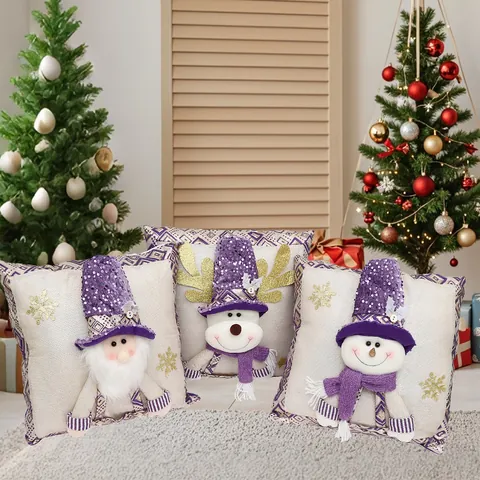 Funda de Cojín Navideña con Lentejuelas 3D Gnomo Reno Muñeco de Nieve Aplique Funda de Almohada Decoración Sofá Hogar