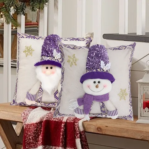 Funda de Cojín Navideña con Lentejuelas 3D Gnomo Reno Muñeco de Nieve Aplique Funda de Almohada Decoración Sofá Hogar