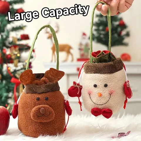Christmas Gift Bag Santa Snowman Reindeer Handheld Drawstring Candy Apple Bag Polyester Plush Holiday Party Favor Packaging
