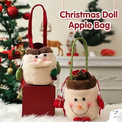 Christmas Gift Bag Polyester Drawstring Candy Apple Pouch Santa Claus Snowman Reindeer Cartoon Handheld Holiday Party Favors