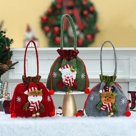 Kerst Cadeautas Kerstman Sneeuwpop Rendier Patroon Kunstleer Reliëf Trekkoord Snoep Appelzakje Met Handvat Feestelijke Geschenktas
