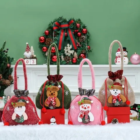 Sacs Cadeaux De Noël Toile De Jute Velours Tricot 3D Père Noël Bonhomme De Neige Renne Poupée À Cordon Décoration