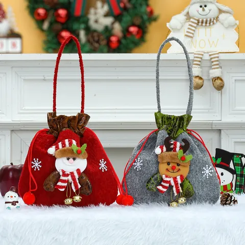 Kerst Cadeauzakjes Kunstleer Reliëf Rendier Kerstman Sneeuwpop Snoep Appel Zakjes Voor Kinderen Kerst Decoratie Trekkoord Pluche Cadeautasjes