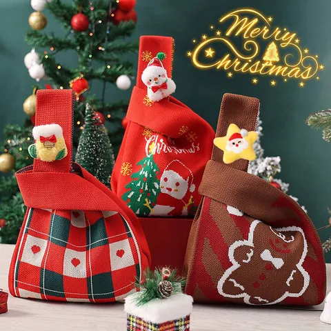 Sac Cadeau en Tricot de Noël Motif Père Noël Renne Bonhomme de Neige Sac à Bonbons Tricoté pour Fête Enfants Cadeau de Vacances