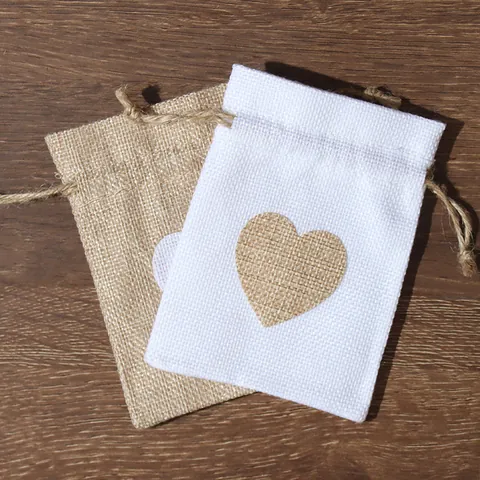 Linen Heart Drawstring Bags Vintage Country Style Small Burlap Pouch For Wedding Favor Candy Jewelry Gift Packaging Storage