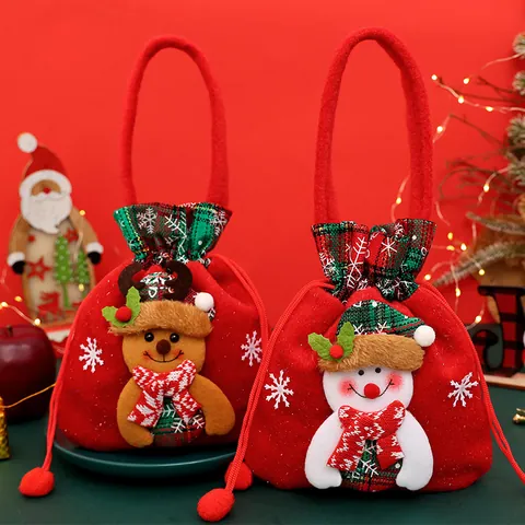 Sacchetto Regalo di Natale Cartone Animato Babbo Natale Pupazzo di Neve Renna Poliestere Stoffa Borsa Coulisse Festa Regalo