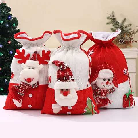 Grand Sac Cadeau de Noël en Tricot avec Cordon de Serrage Décor 3D Père Noël Bonhomme de Neige Élan pour Fête