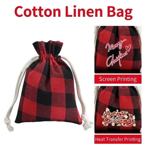 Christmas Buffalo Plaid Drawstring Gift Bags Cotton Linen Candy Treat Pouches for Holiday Party Favors Home Decorations