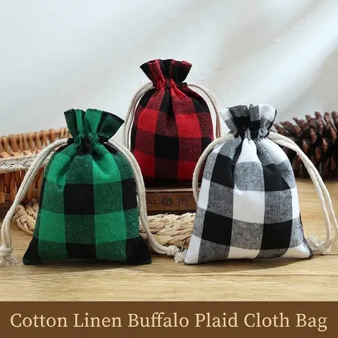 Christmas Buffalo Plaid Cotton Linen Drawstring Gift Bag Gingham Candy Jewelry Storage Pouch Holiday Party Favor Bag