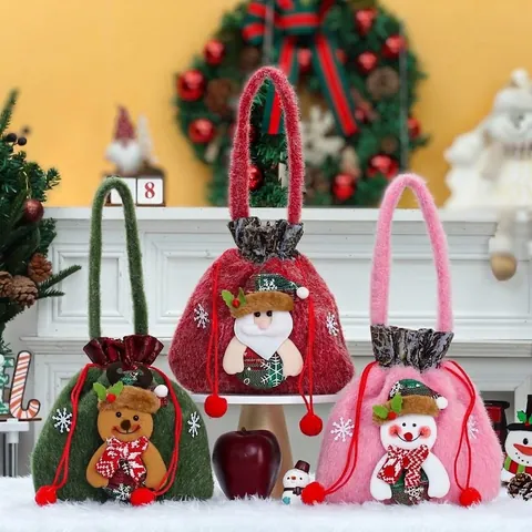 Christmas Gift Bags Plush Knitted Drawstring Handle Packaging Festive Apple Candy Pouches Santa Snowman Elk Decor For Kids