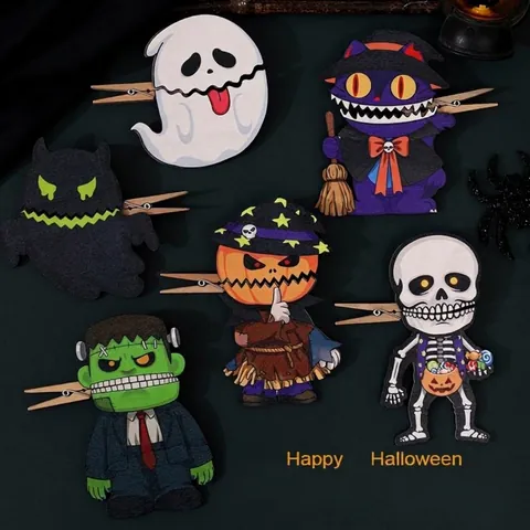 Pinces en Bois d'Halloween Citrouille Fantôme Sorcière Squelette Pinces Décoratives pour Fêtes Accessoires de Photographie