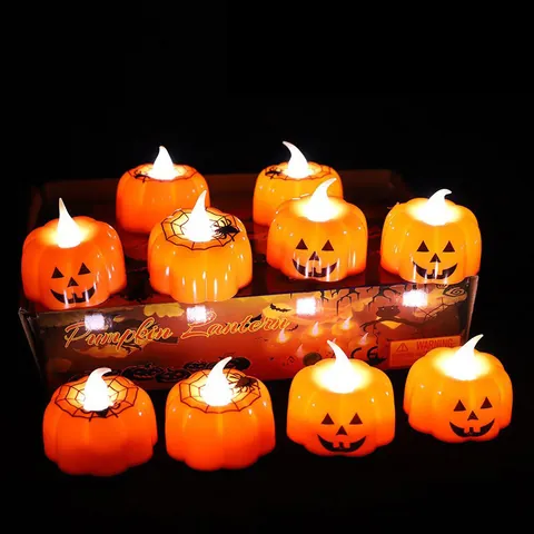 Halloween Pumpkin LED Candle Light Orange Plastic Electronic Candle Lamp Jack-o-lantern Lamp For Party Decoration Atmosphere Night Light