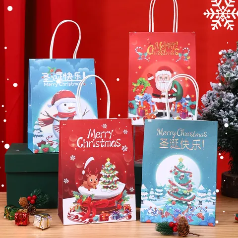 Bolsas De Regalo De Papel De Navidad De Dibujos Animados Patrón De Papá Noel Muñeco De Nieve Reno Embalaje De Dulces Festivos Decoración