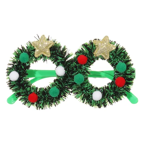 Christmas Wreath Party Glasses Frame For Adults Kids Festive Green Tinsel Eyewear With Red White Pom Poms Gold Star Holiday Decoration Party Supplies