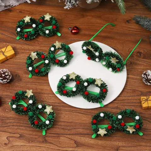 Christmas Wreath Party Glasses Frame For Adults Kids Festive Green Tinsel Eyewear With Red White Pom Poms Gold Star Holiday Decoration Party Supplies