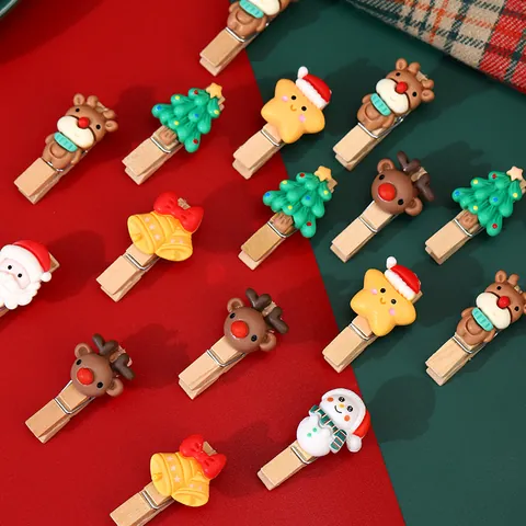 Christmas Wooden Clips Cartoon Reindeer Santa Wood Photo Pegs For DIY Craft Xmas Tree Hanging Ornaments Party Decor
