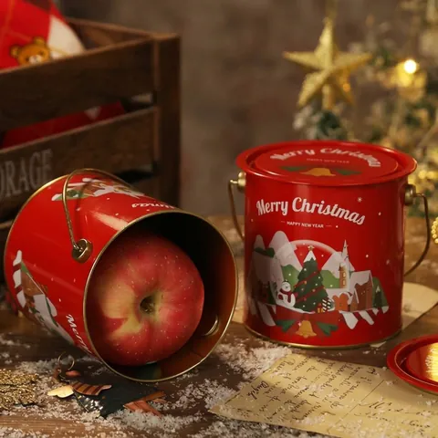 Scatola Regalo di Natale in Banda Stagnata Con Maniglia in Metallo Babbo Natale Renna Confezione per Mela Contenitore Decorativo