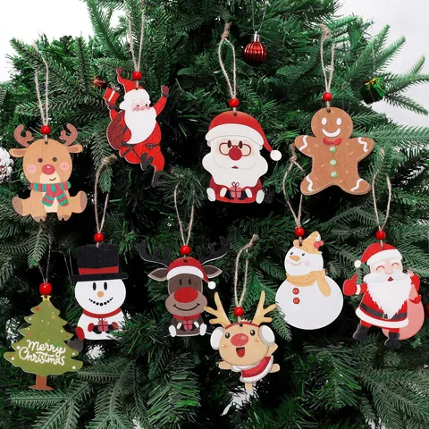 Wooden Christmas Tree Ornaments Santa Claus Reindeer Snowman Gingerbread Man Hanging Pendant Festive Holiday Home Decorations