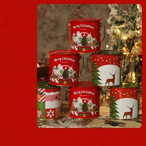 Scatola Regalo di Natale in Banda Stagnata Con Maniglia in Metallo Babbo Natale Renna Confezione per Mela Contenitore Decorativo