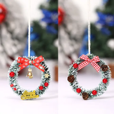 Mini Corona de Navidad Artificial Colgante Guirnalda de Plástico Nevado Con Lazo Rojo Campana Dorada Decoración Hogar
