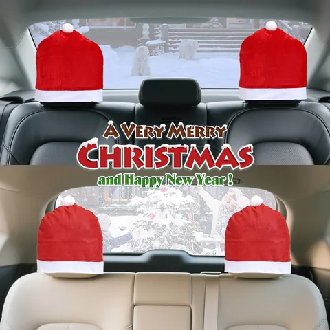 Copripoggiatesta per Auto a Cappello di Babbo Natale Rosso Bianco Coprisedia con Pompon in Morbido Tessuto Decorazione Natalizia