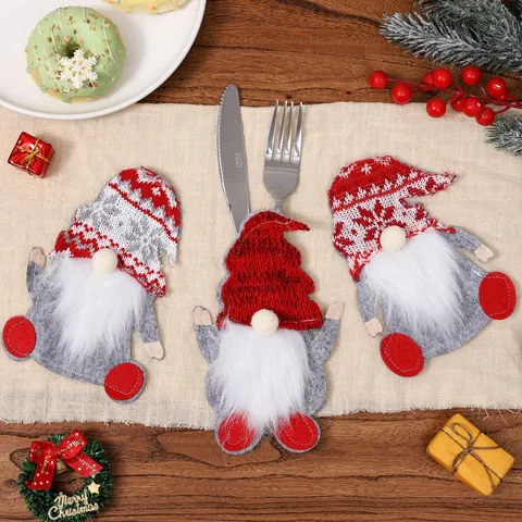 Juego Portacubiertos Gnomo Navidad Bolsa Cubiertos Anciano Sin Rostro Tela Punto Diseño Copo Nieve Decoración Mesa Artículos Fiesta Navideña