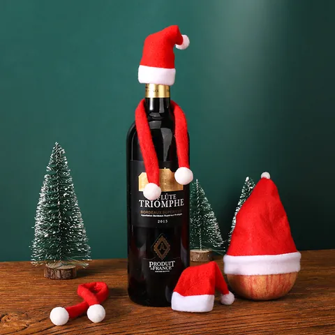 Ensemble Décoration Bouteille de Vin Noël Mini Bonnet Père Noël Et Écharpe Rouge Blanc Tissu Non Tissé Décor Table Fête