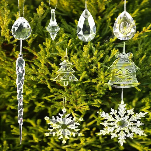 Transparent Christmas Ornaments Set Acrylic Icicles Snowflakes Hanging Pendants For Tree Home Party Decor Clear Plastic Decor