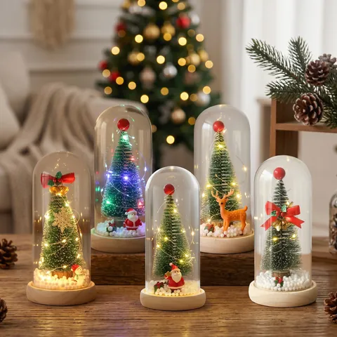 Mini Árbol de Navidad Cúpula de Vidrio Adorno de Mesa Iluminación LED Papá Noel Reno Figurita Decoración Navideña Regalo de Navidad