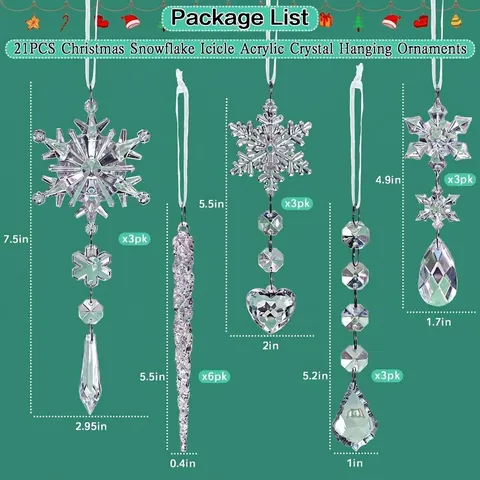 21Pcs Clear Acrylic Christmas Ornaments Set Snowflake Icicle Maple Leaf Heart Crystal Hanging Pendant For Holiday Tree Decor