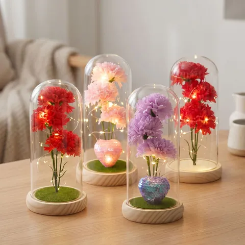 Clavel Artificial Flor de Jabón Cúpula de Vidrio Con Luz LED Base de Madera Flor Eterna Regalo Para Madre San Valentín Maestro