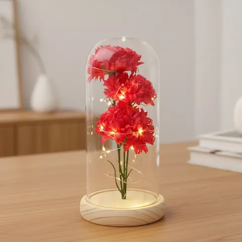 Clavel Artificial Flor de Jabón Cúpula de Vidrio Con Luz LED Base de Madera Flor Eterna Regalo Para Madre San Valentín Maestro
