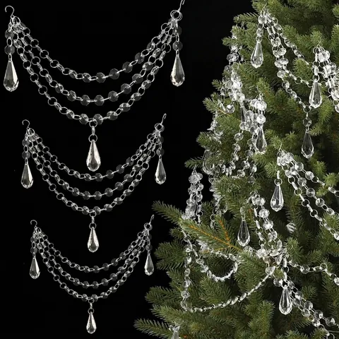 Guirnalda de Cristal de 3 Capas para Árbol de Navidad Cadena de Cuentas de Acrílico con Colgante de Copo de Nieve Carámbano Adorno Navideño