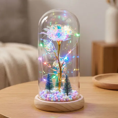 Galaxy Rose In Glass Dome Decoration With LED String Lights Christmas Tree Table Ornament Gift For Valentine's Day Christmas