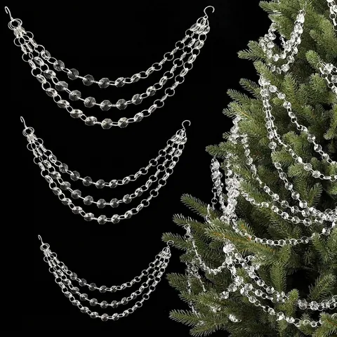 Guirnalda de Cristal de 3 Capas para Árbol de Navidad Cadena de Cuentas de Acrílico con Colgante de Copo de Nieve Carámbano Adorno Navideño