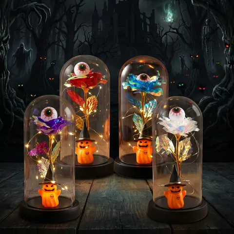 Halloween Espeluznante Rosa Eterna en Cúpula de Vidrio Luz LED Globo Ocular Calabaza Fantasma Luz de Noche Adorno para Fiesta