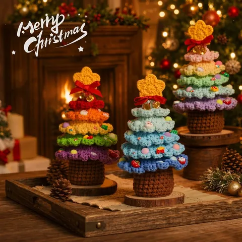 Handgefertigter Häkel Weihnachtsbaum Tischschmuck Grün Rosa Lila Mini Weihnachtsbaum mit Holzsockel für Weihnachtsfeier Home Deko Geschenk