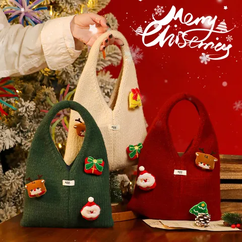 Weihnachten Gestrickte Geschenktüte Weihnachtsmann Rentier Baum Muster Handgehaltene Apfeltüte Gestricktes Paket Party Dekoration