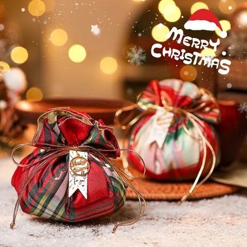 Weihnachten Karomuster Stoff Geschenktüte Mit Kordelzug Glocke Schleife Festliche Süßigkeiten Apfeltüte Für Heiligabend Party Deko