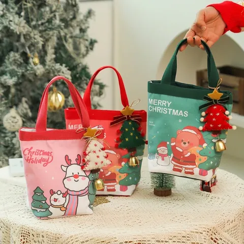 Weihnachten Canvas Geschenktüte Mit Griff Cartoon Weihnachtsmann Bär Rentier Druck Xmas Eve Festliche Apfel Tragetasche