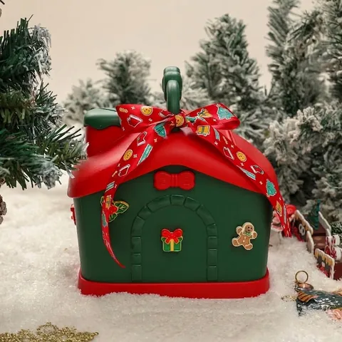 Weihnachtshaus-Form Geschenkbox Neujahr Kinder Sparschwein Kunststoff Aufbewahrungsbox Mit Griff Festliche Süßigkeiten Verpackung