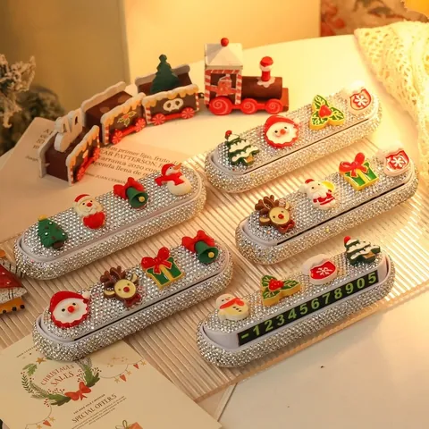 Christmas Car Temporary Parking Phone Number Plate Bling Rhinestone Cartoon Santa Claus Reindeer Dashboard Decoration