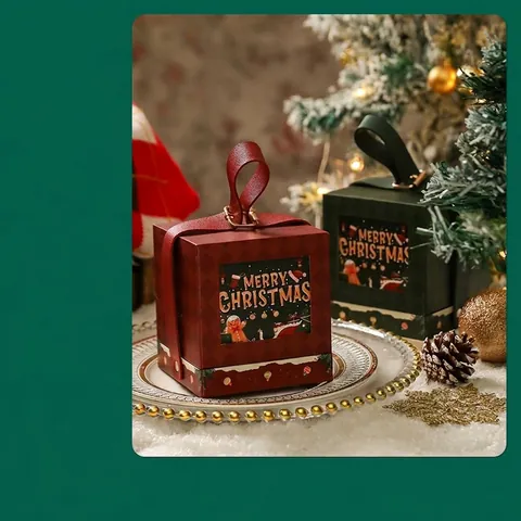 Tragbare Weihnachts Geschenkbox Mit PU Ledergriff Metallschnalle Merry Christmas Druck Quadratische Apfel Verpackung Geschenkbox Für Feiertags Party Dekoration