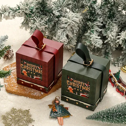 Tragbare Weihnachts Geschenkbox Mit PU Ledergriff Metallschnalle Merry Christmas Druck Quadratische Apfel Verpackung Geschenkbox Für Feiertags Party Dekoration