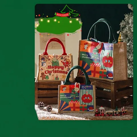 Kreative Leinwand Weihnachtsgeschenktüten Weihnachtsmann Schneemann Druck Sackleinen Handtaschen Für Heiligabend Party Deko Festliche Tüten